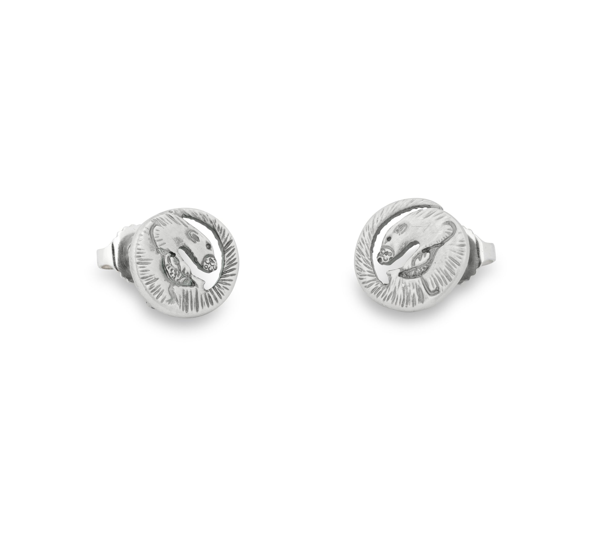 Silver Otter Stud earrings on w hite background made by Aurora Jewellery Orkney